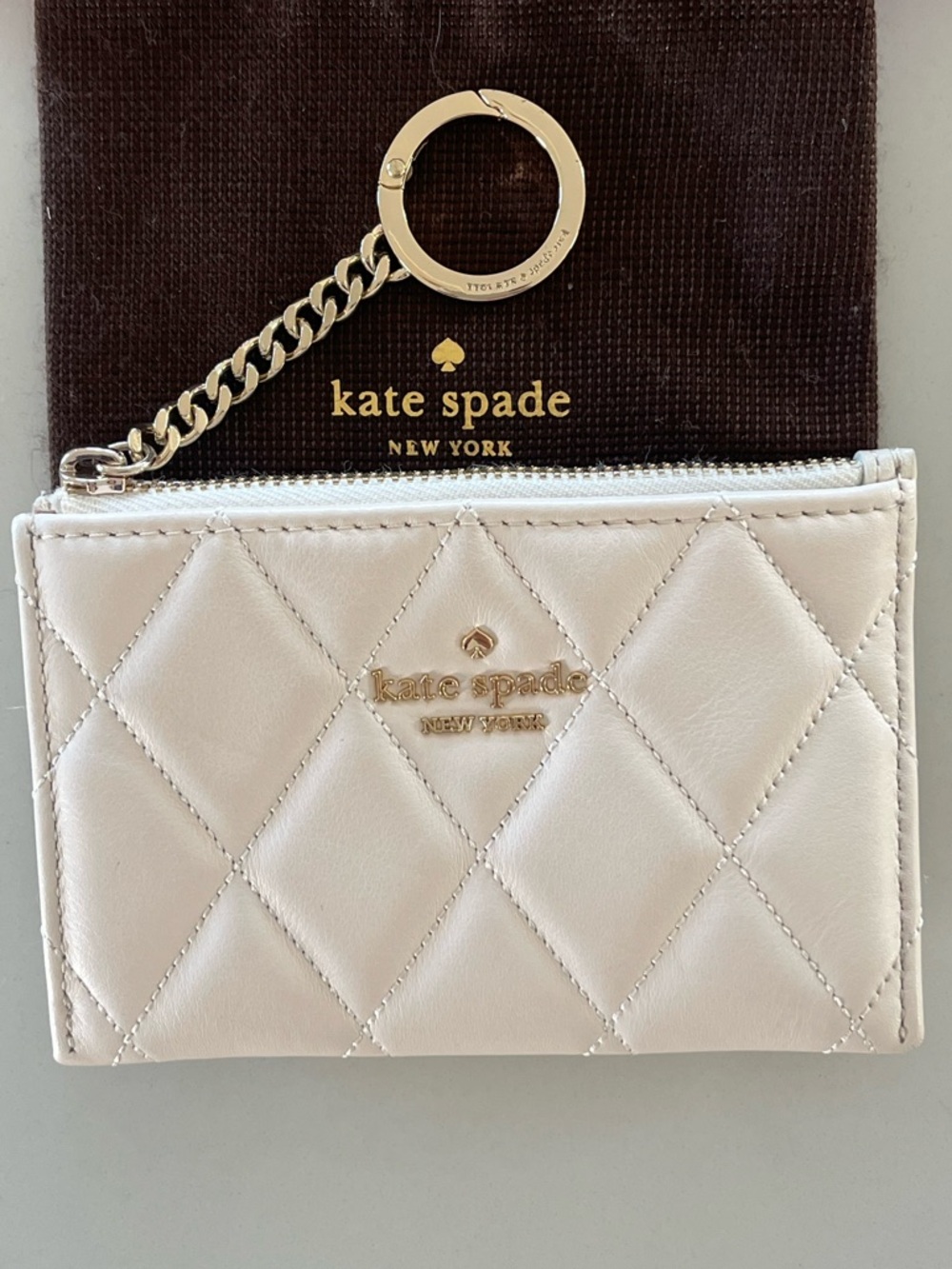 Kate Spade Carey Quilted Leather Key Ring Card Holder - Parchment Ivory White